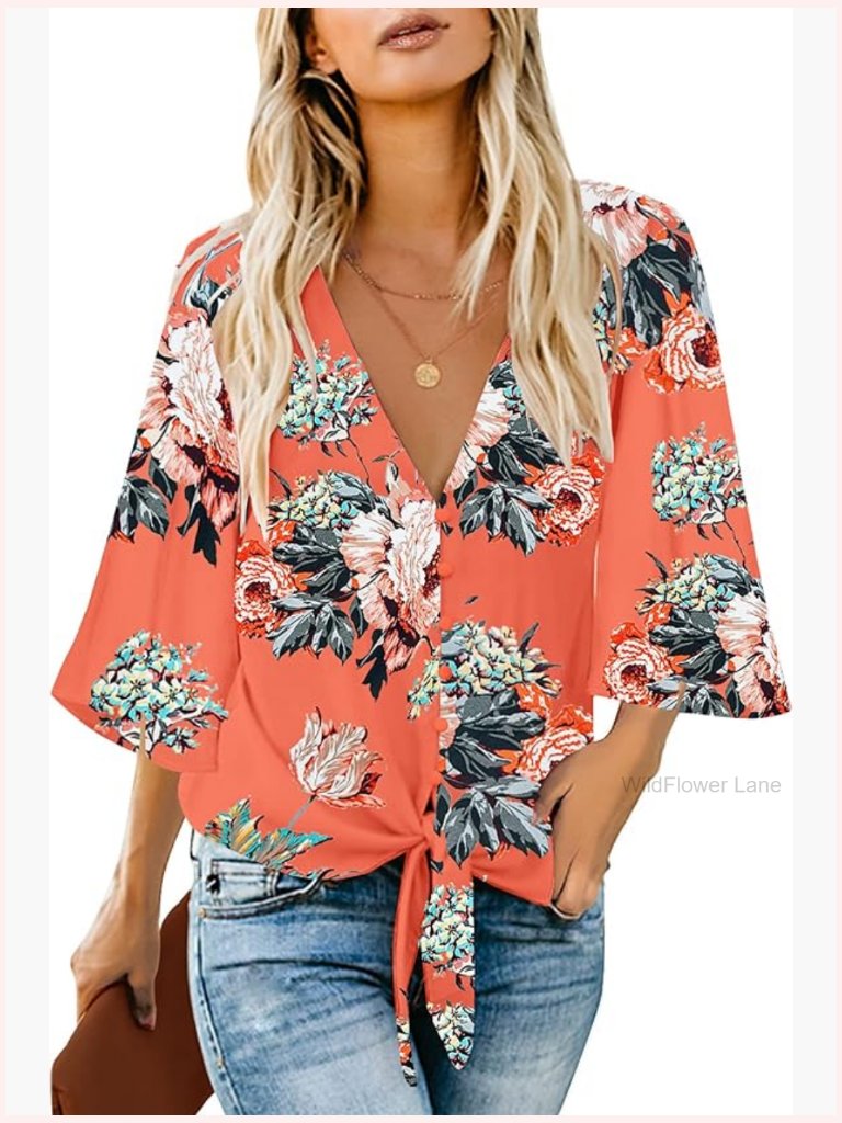 Women's V Neck 3/4 Sleeve Tie Knot Blouse Button Down Shirt